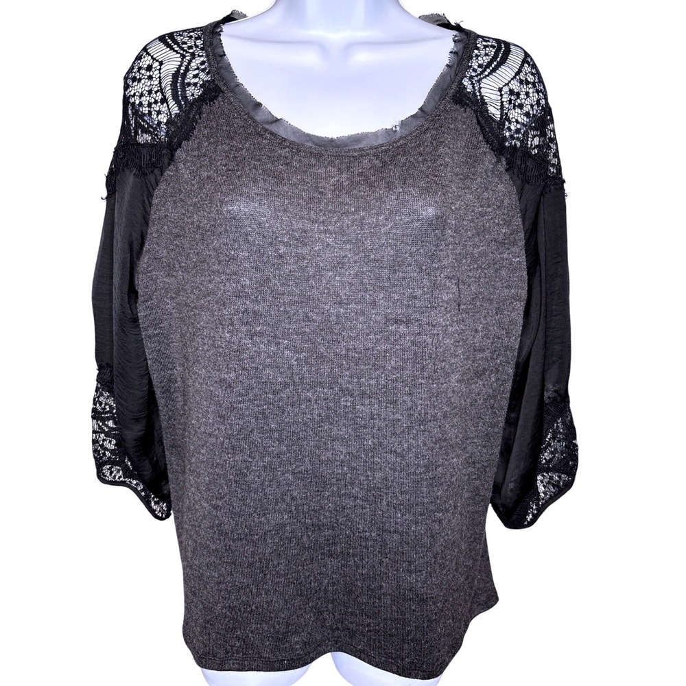 Hale Bob Womens Black‎ Lace Mixed Media Blouse Sz M Feminine Sophisticated Boho